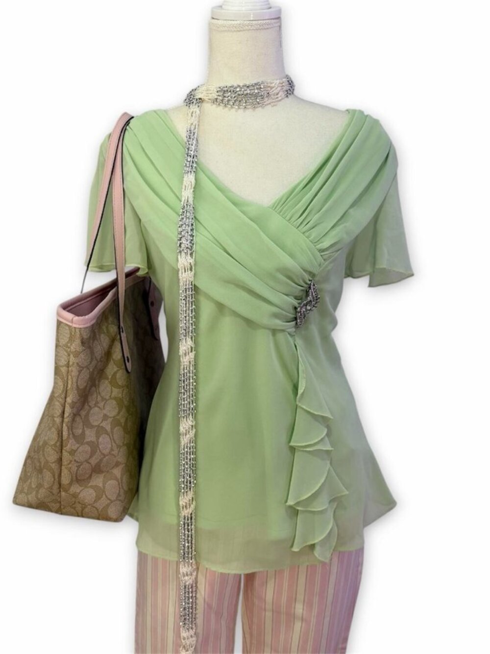 Vintage R&K Originals sage green sheer blouse with ruffles